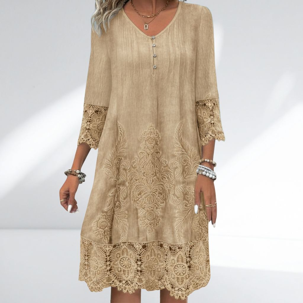 Lace trim embroidered boho dress in Khaki, front view