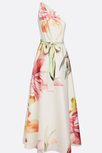 Women's floral satin maxi dress in pink – flowing A-line wedding guest dress