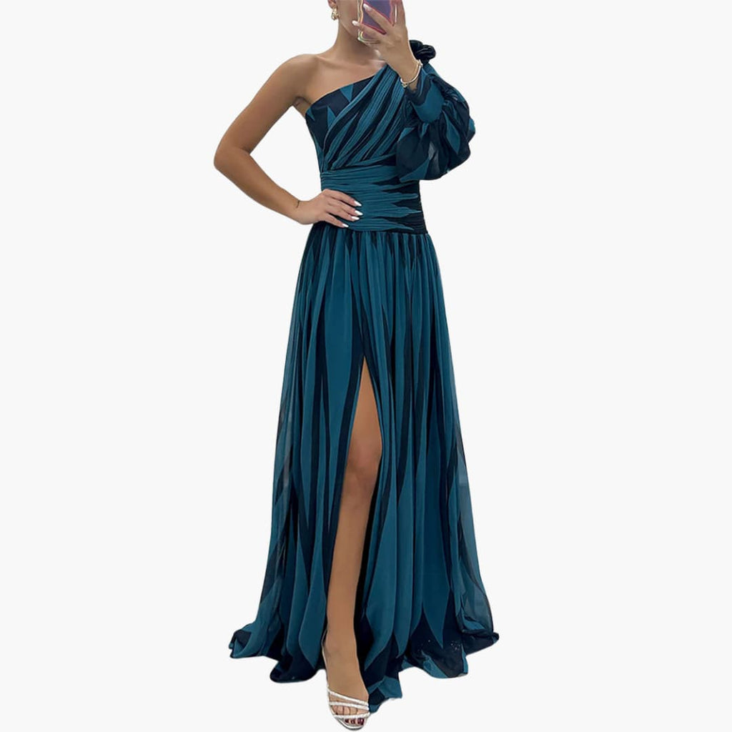 One-shoulder maxi dress front view styled