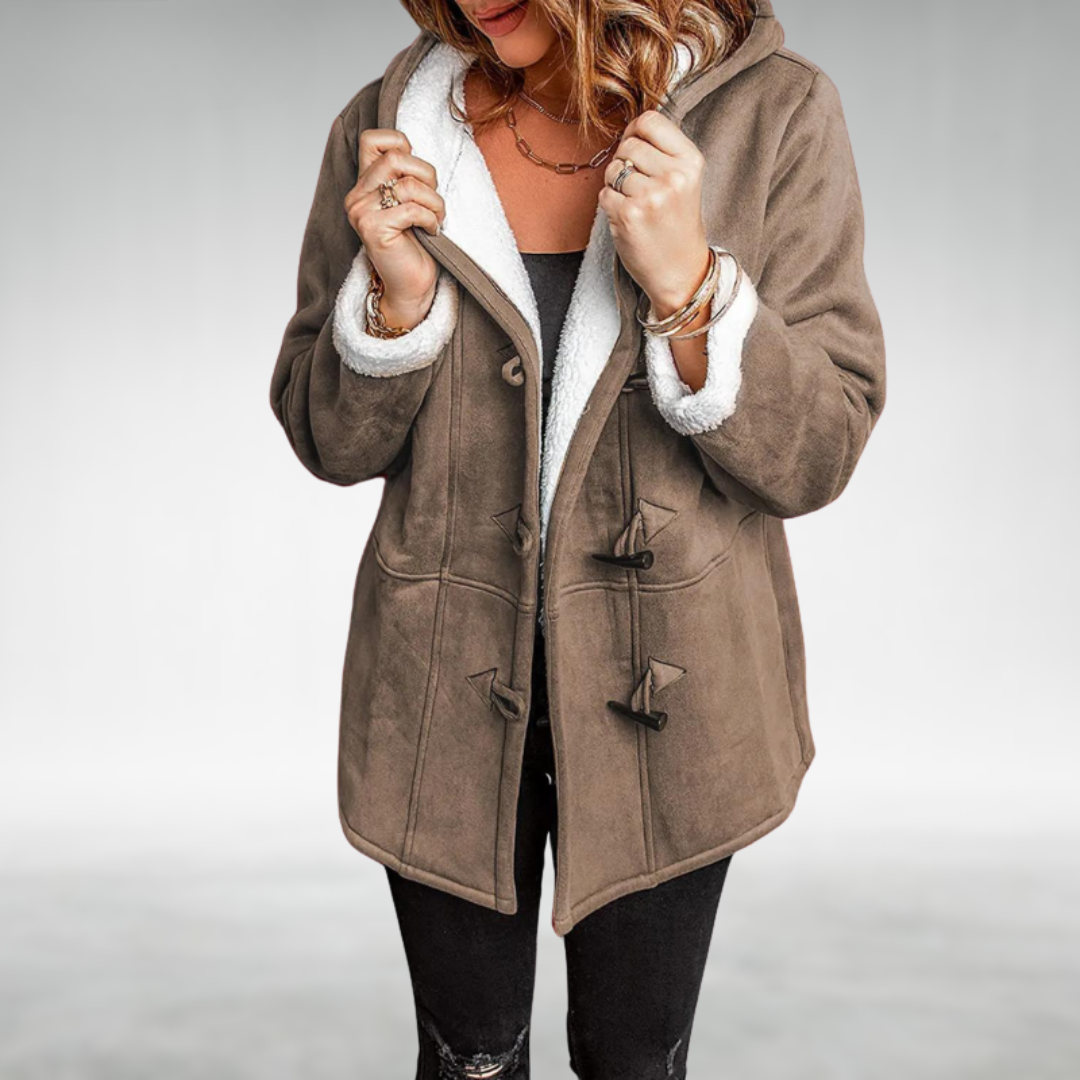 Fleece lined hooded toggle winter coat with a protective hood