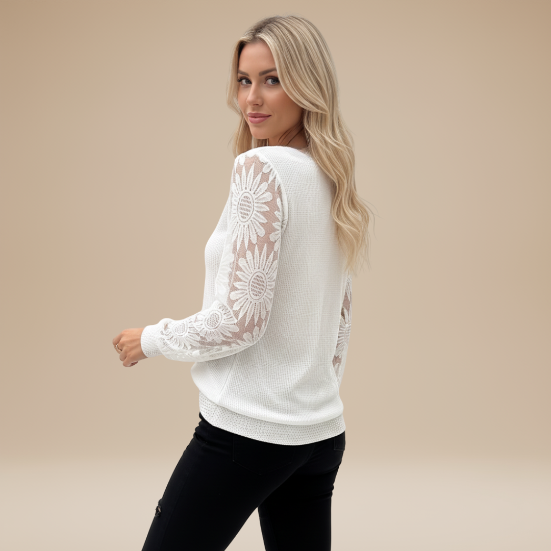Women's V-Neck Sweater with Floral Sleeves