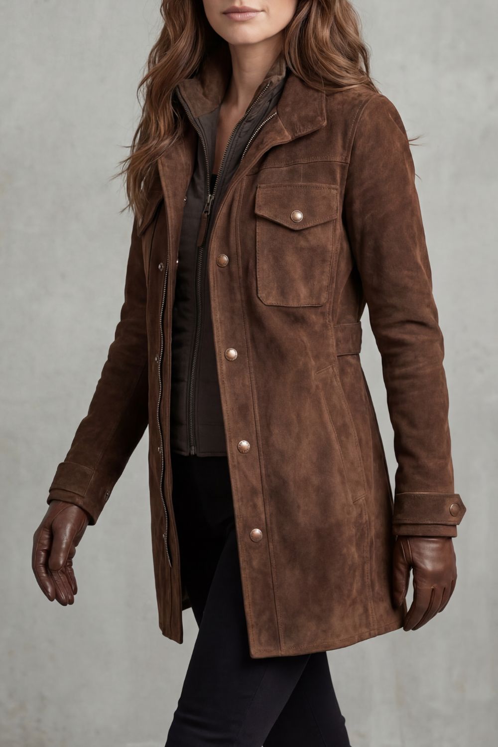 Tailored suede effect longline coat with suede effect texture
