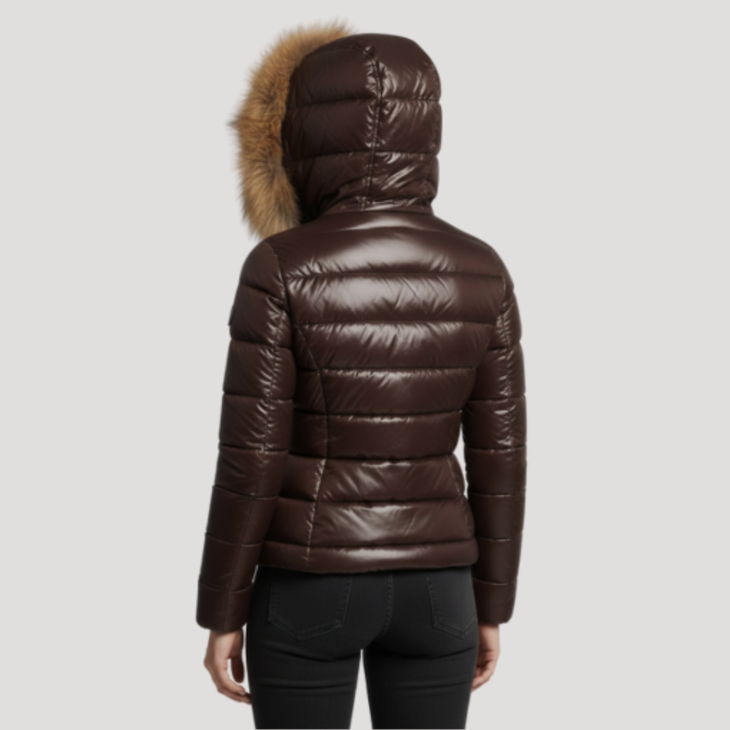 Faux fur trim glossy hooded puffer jacket with a glossy outer