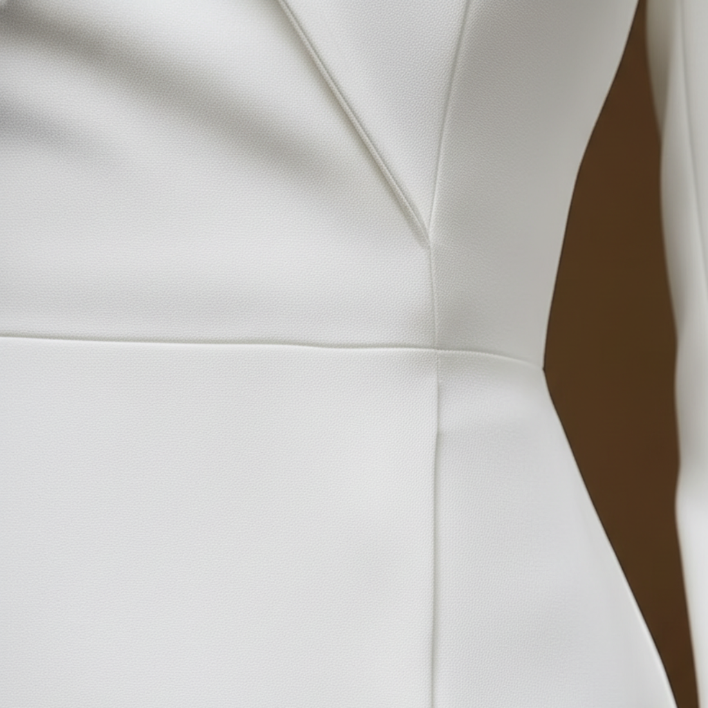 Women's structured white dress with high collar, back view