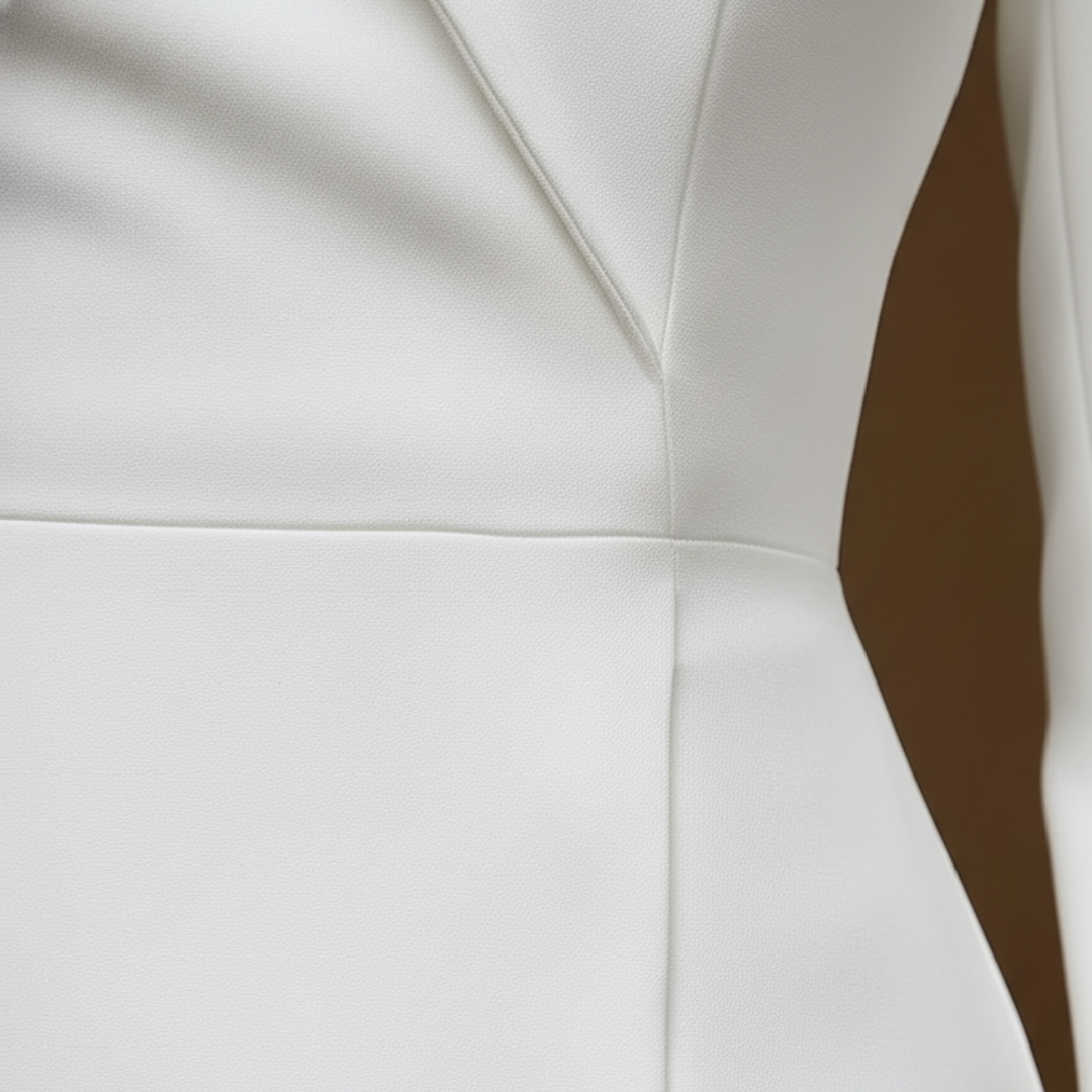 Women's structured white dress with high collar, back view