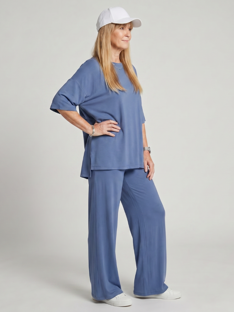 Front view of women's relaxed oversized co-ord set