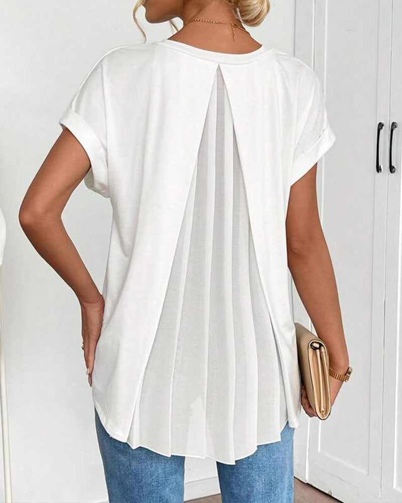 V-Neck Solid Colour Patchwork Short Sleeve T-Shirt