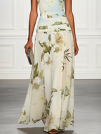 Women's Floral Boat Neck Sleeveless Maxi Dress ruched waist detail - Elegant Wedding Guest Maxi Dress