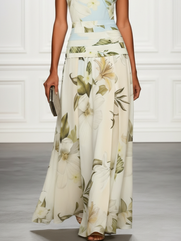 Women's Floral Boat Neck Sleeveless Maxi Dress ruched waist detail - Elegant Wedding Guest Maxi Dress