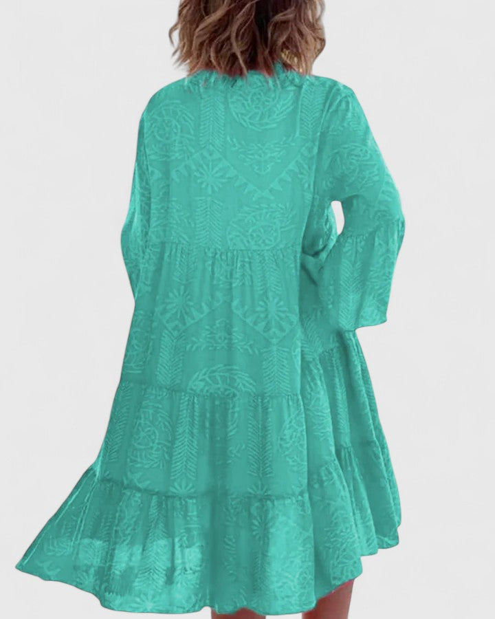 Boho floral print bell sleeve dress, back view