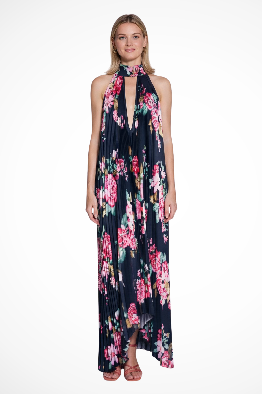 Women's printed pleated halter neck maxi dress with vertical pleats, side profile