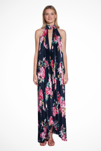 Women's printed pleated halter neck maxi dress with vertical pleats, side profile
