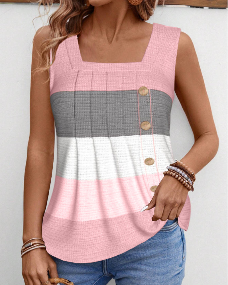 Striped Square Neck Shirred Button Sleeveless Vest Top