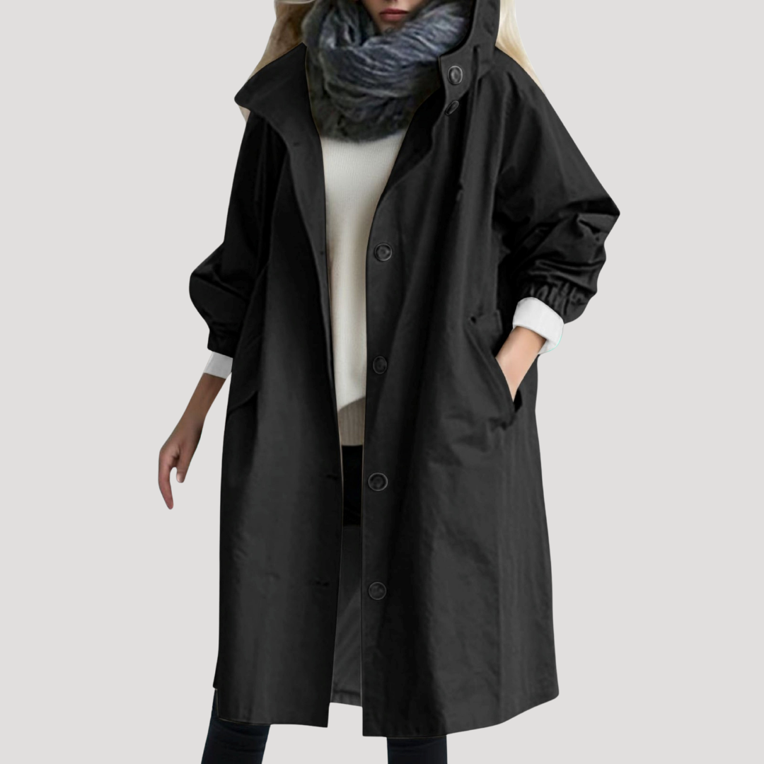 Relaxed hooded button front coat with an attached hood