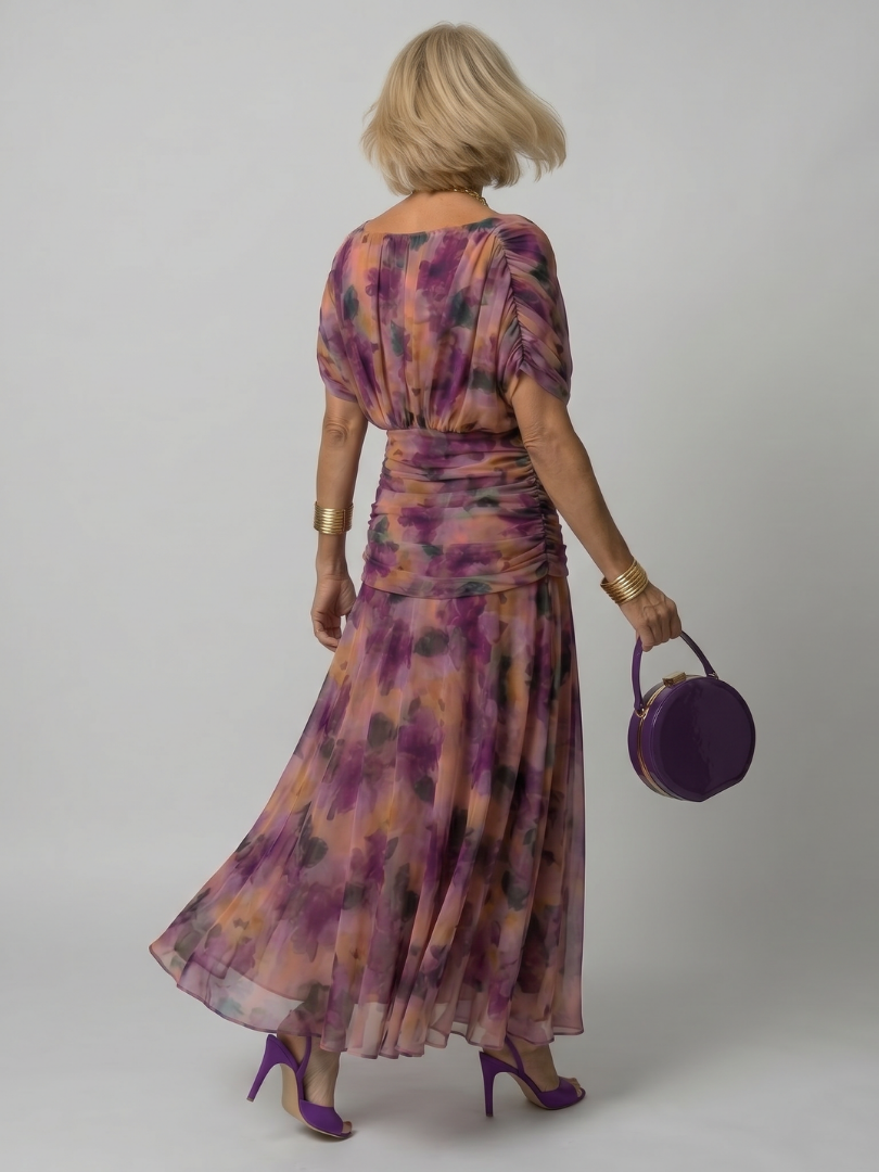 Off-shoulder occasion midi dress with close-fitting bodice, back view