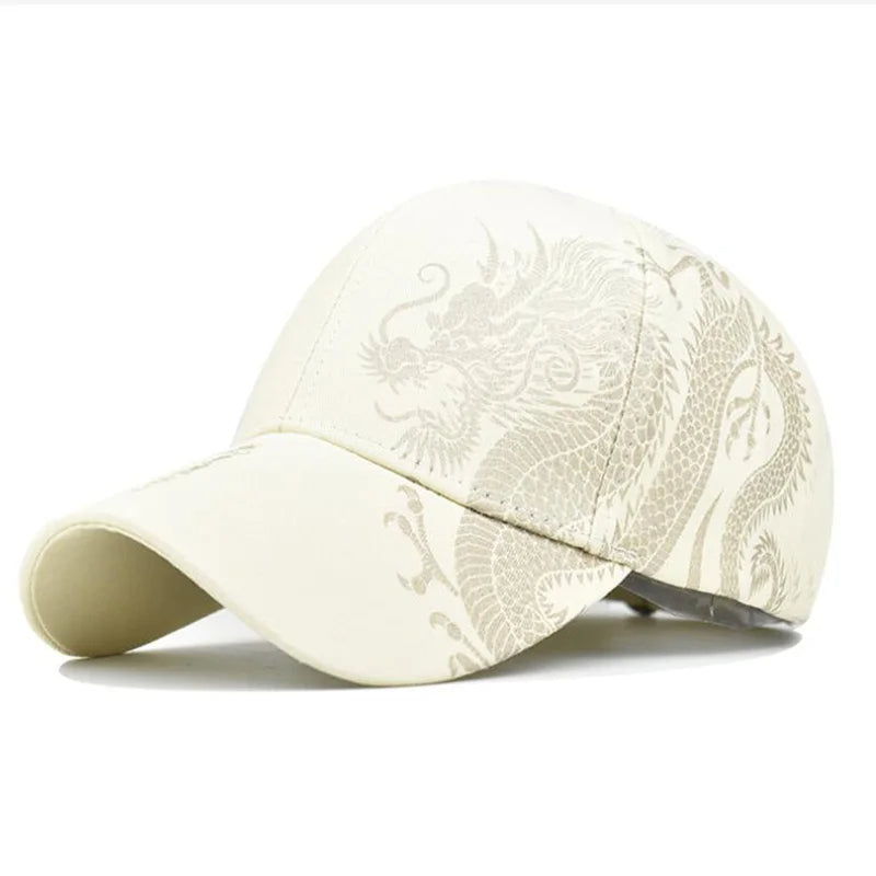 Beige Year of the Dragon Cap, side view with tonal dragon design