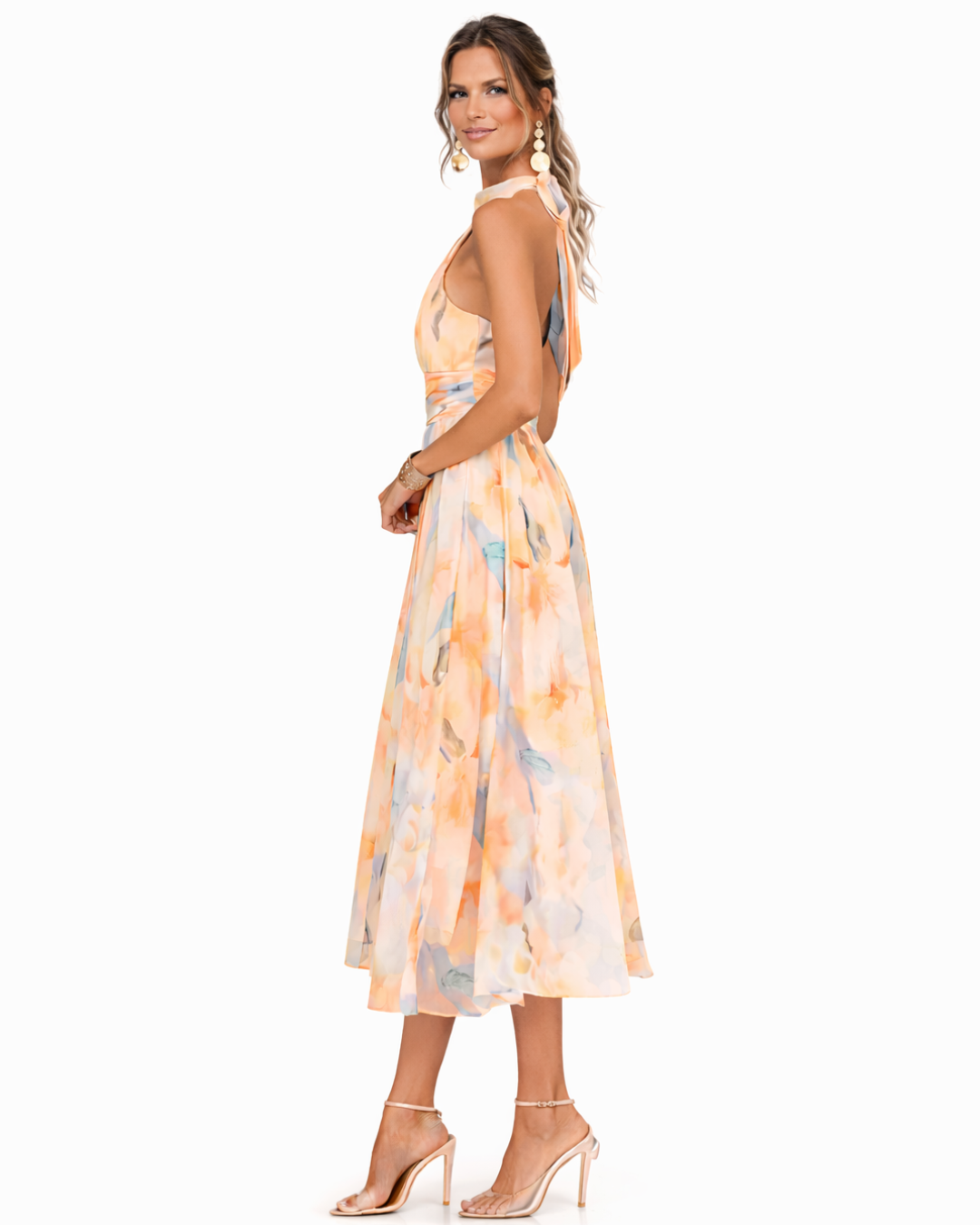 Watercolour print halter dress waist detail