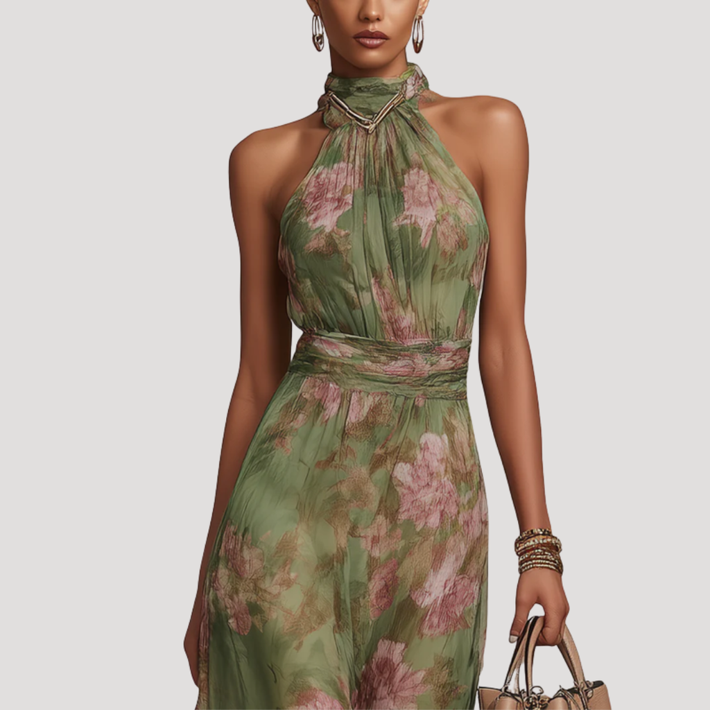 Green floral halter maxi dress with defined waist, three-quarter view