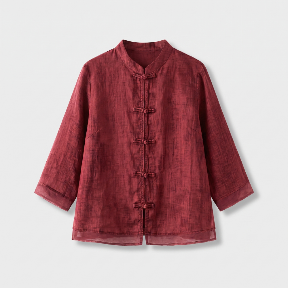 Mandarin Collar Frog Button Linen Blouse