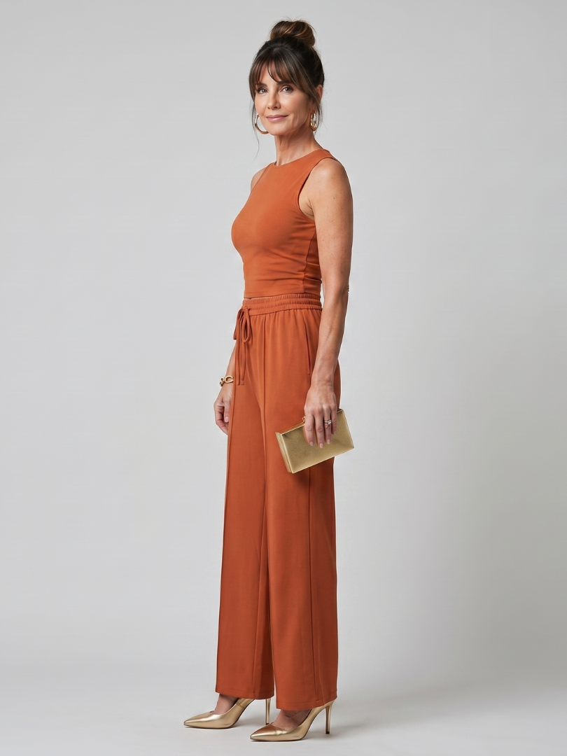 Sleeveless high neck co-ord set, front view showing neckline