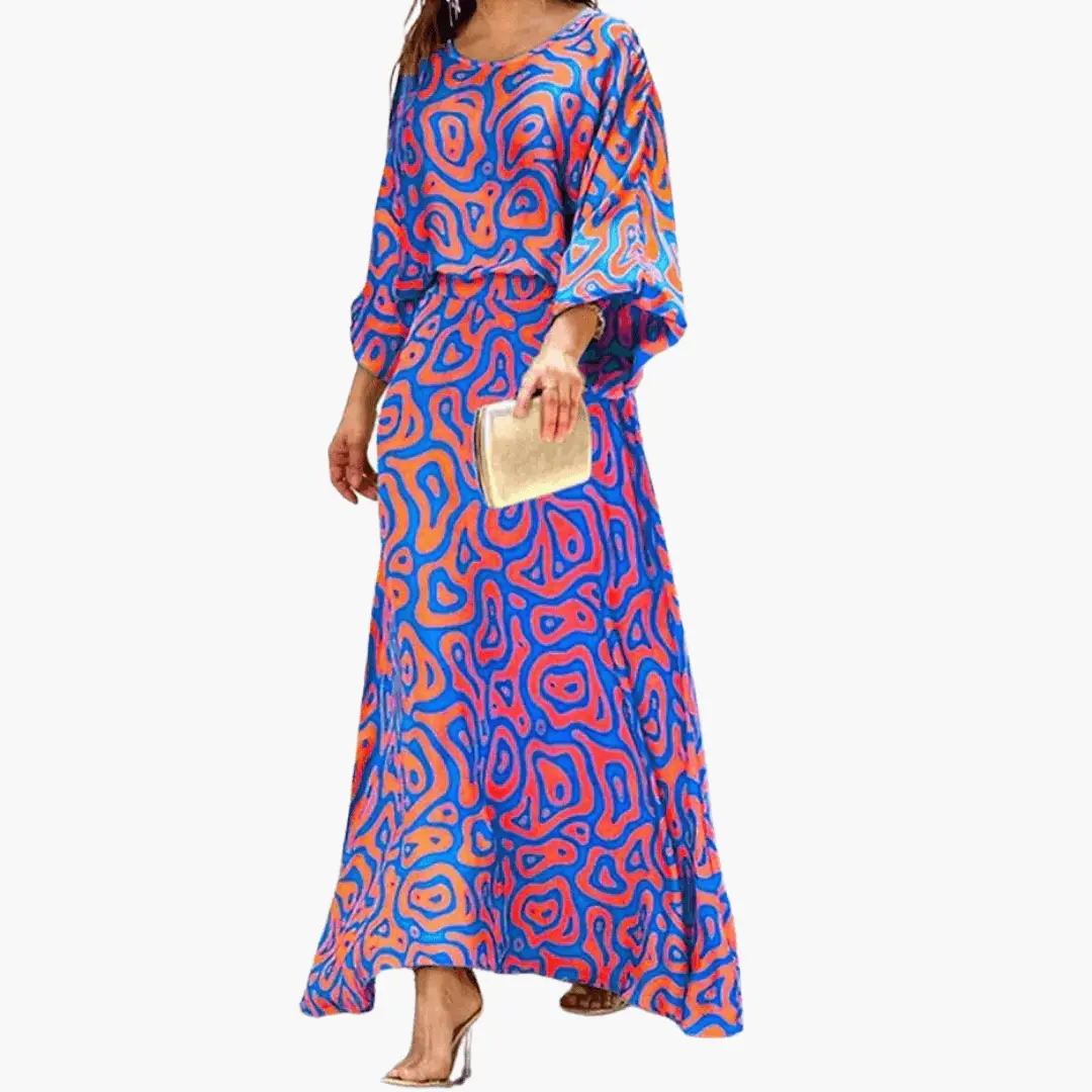 Women's boho maxi dress with exclusive print, movement shot