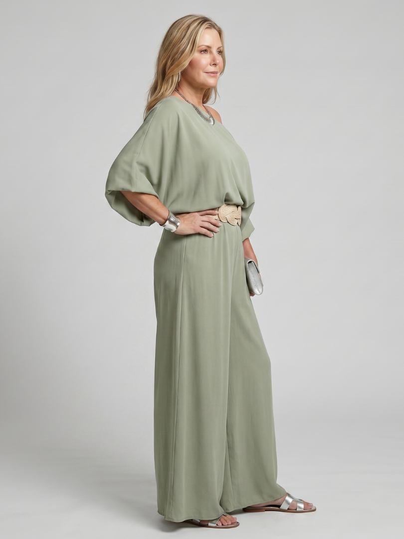 Elegant one-shoulder co-ord with wide sleeve, front view on model