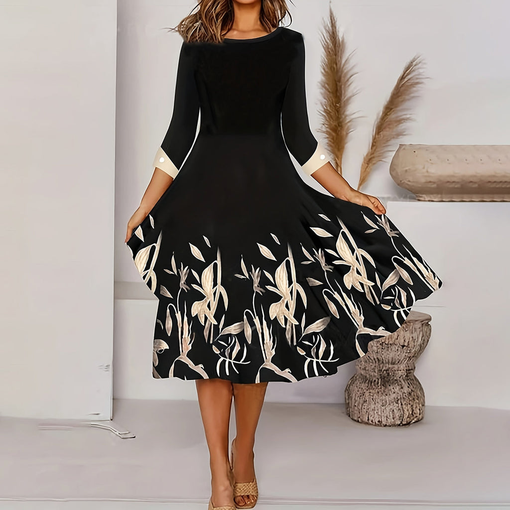 Three-quarter sleeve floral A-line midi dress in black, front view