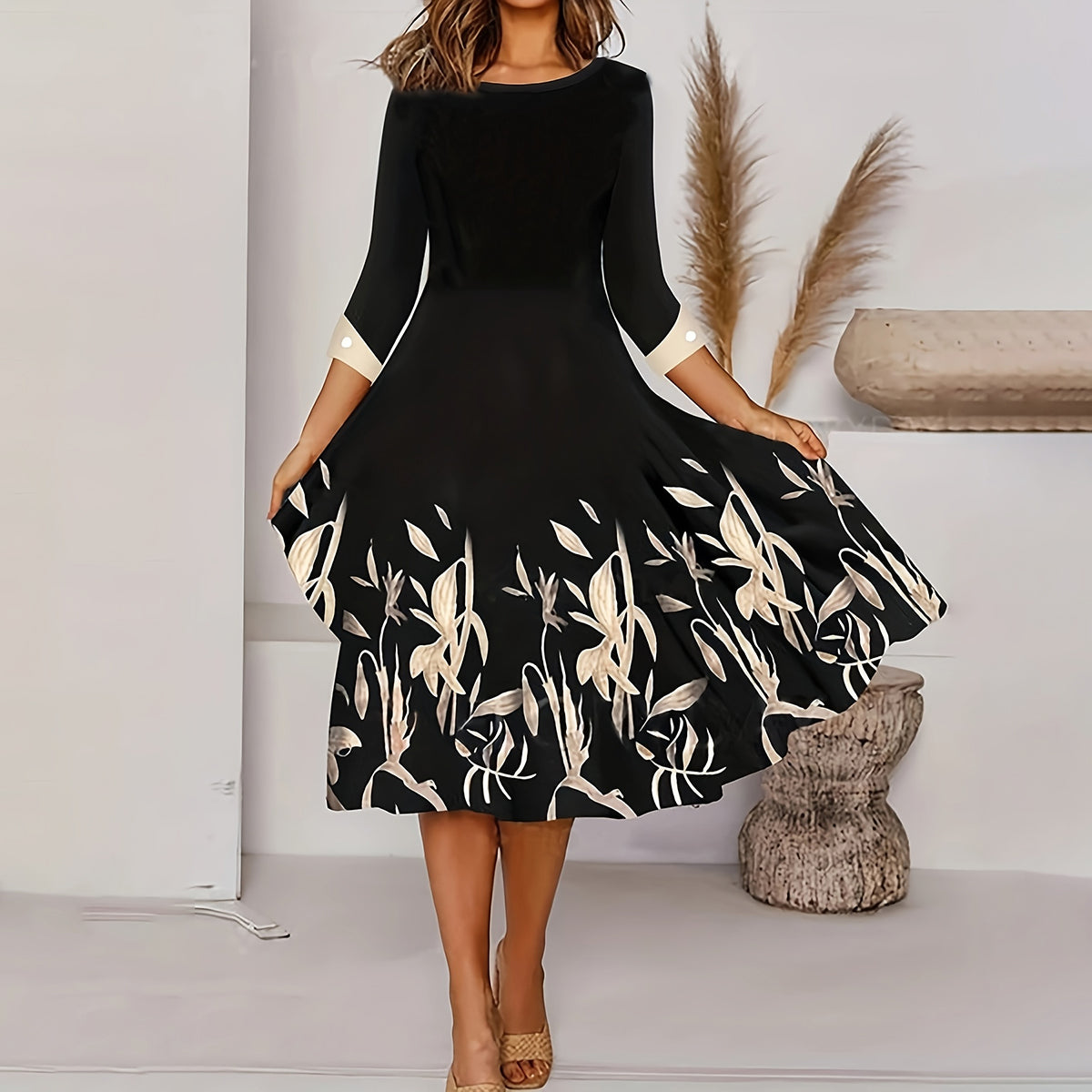 Three-quarter sleeve floral A-line midi dress in black, front view