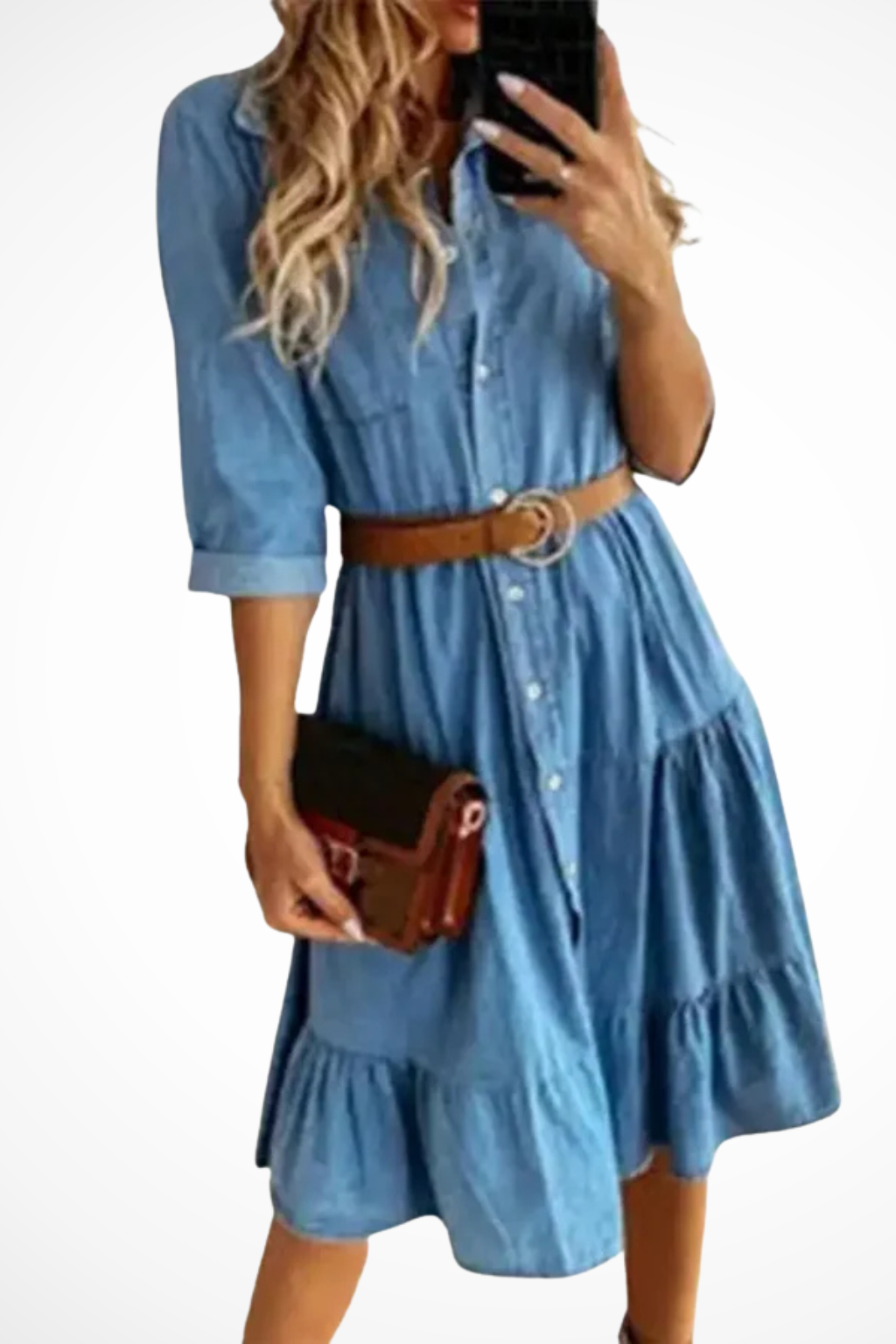 Women's everyday denim tiered midi shirt dress with structured collar, full length view