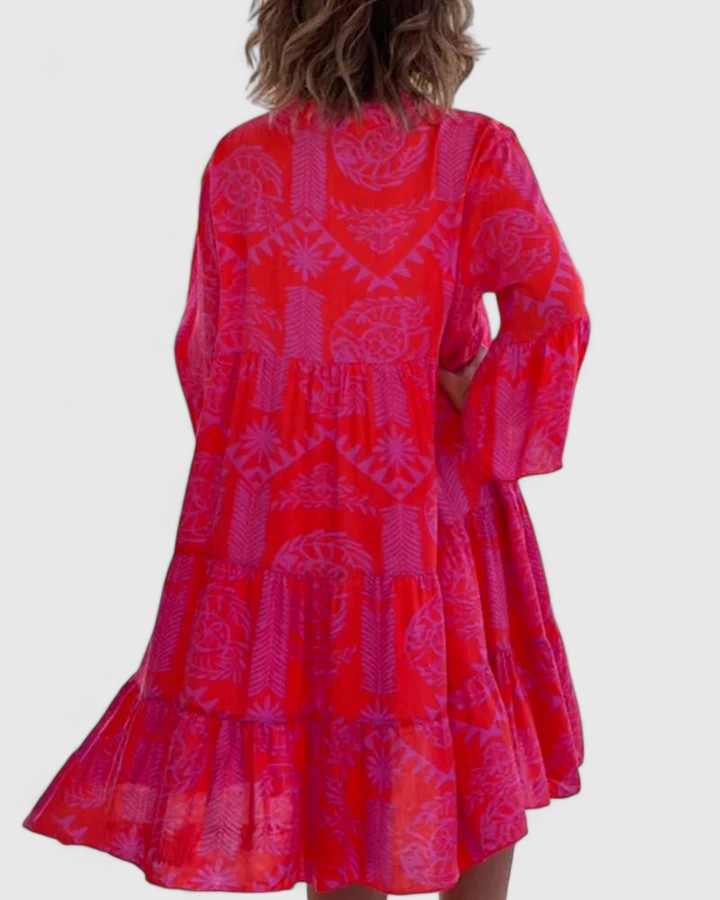 Bell sleeve V-neck dress in floral print, back view