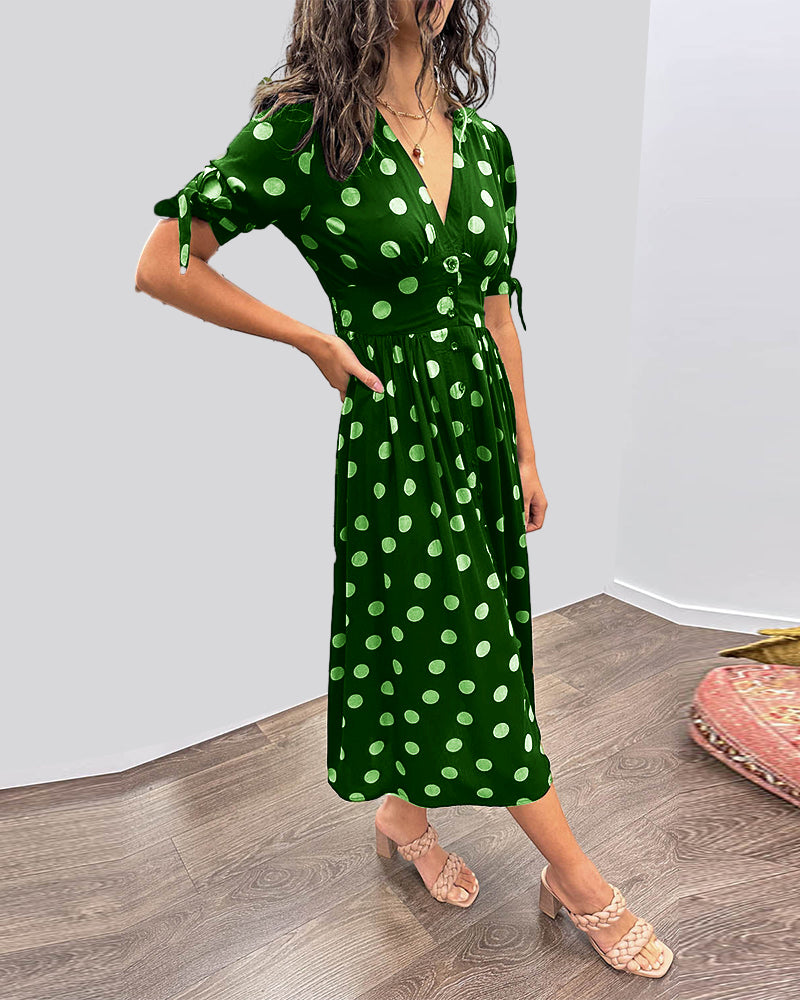 Green Polka Dot V-Neck Button Dress | Alba Muse