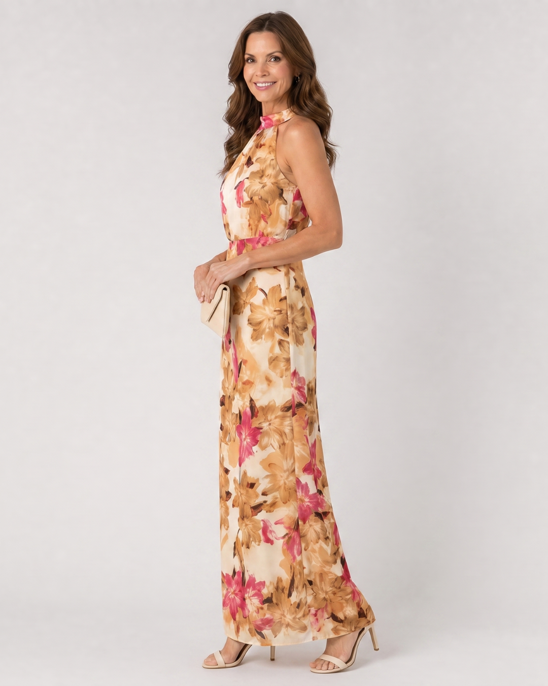 Floral halter neck midi dress, side view