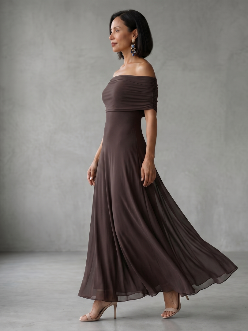 Off-shoulder draped midi dress in red, front view