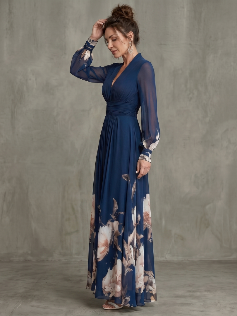 Pleated sheer sleeves maxi dress in navy, side view