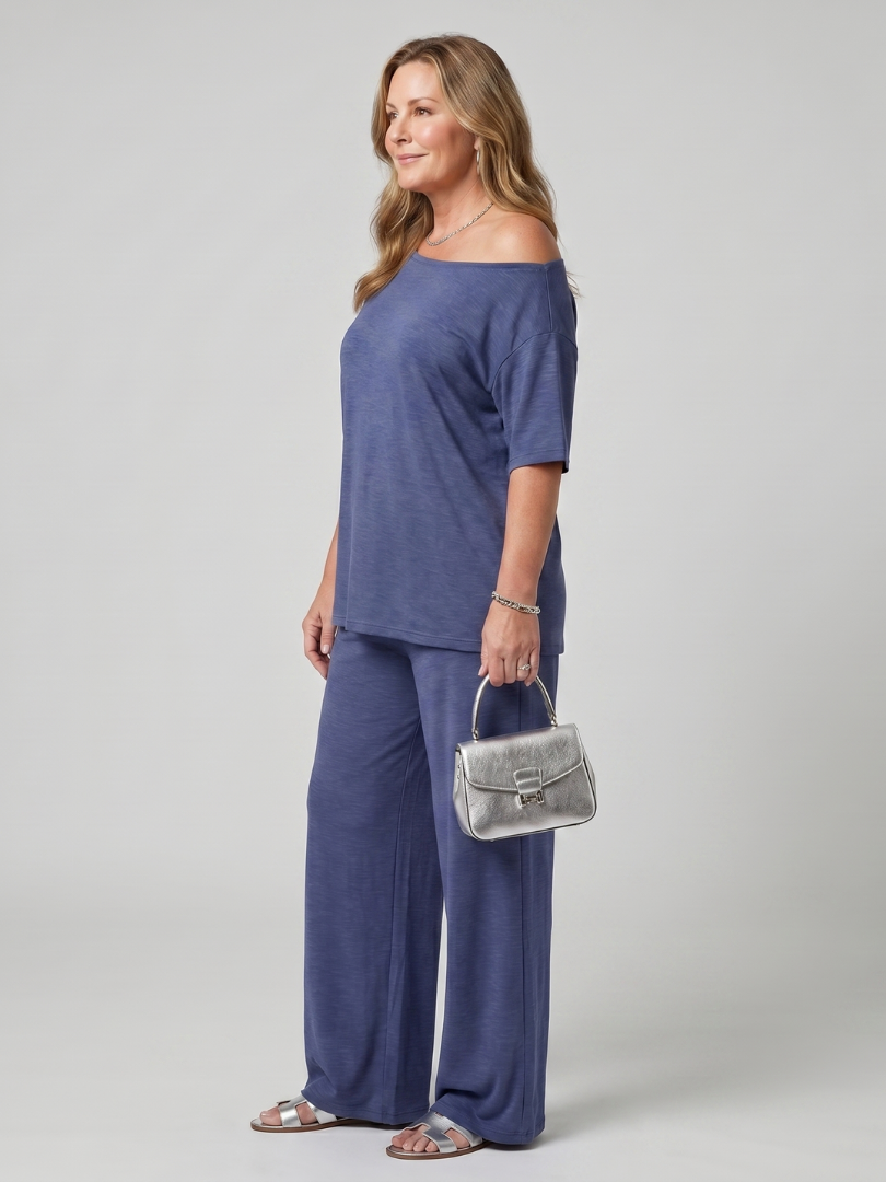 Off-shoulder top with wide leg trousers, front detail view