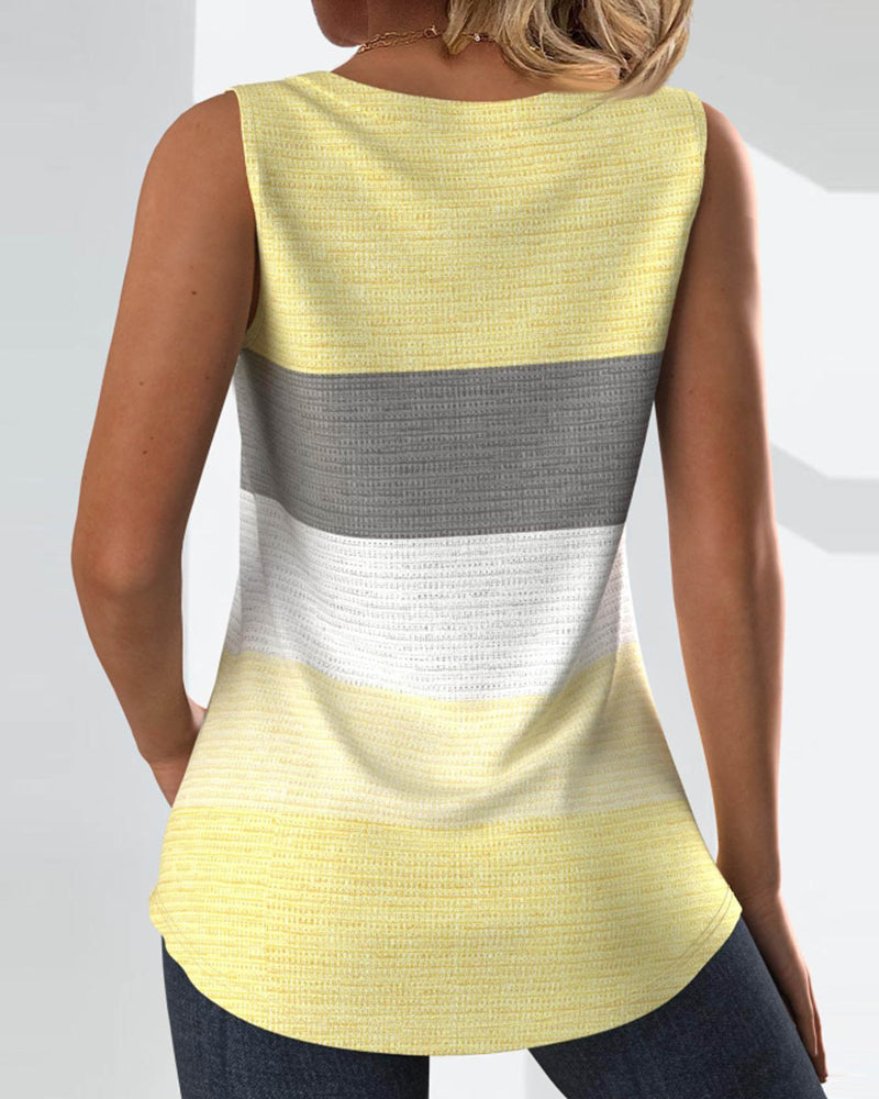 Striped Square Neck Shirred Button Sleeveless Vest Top