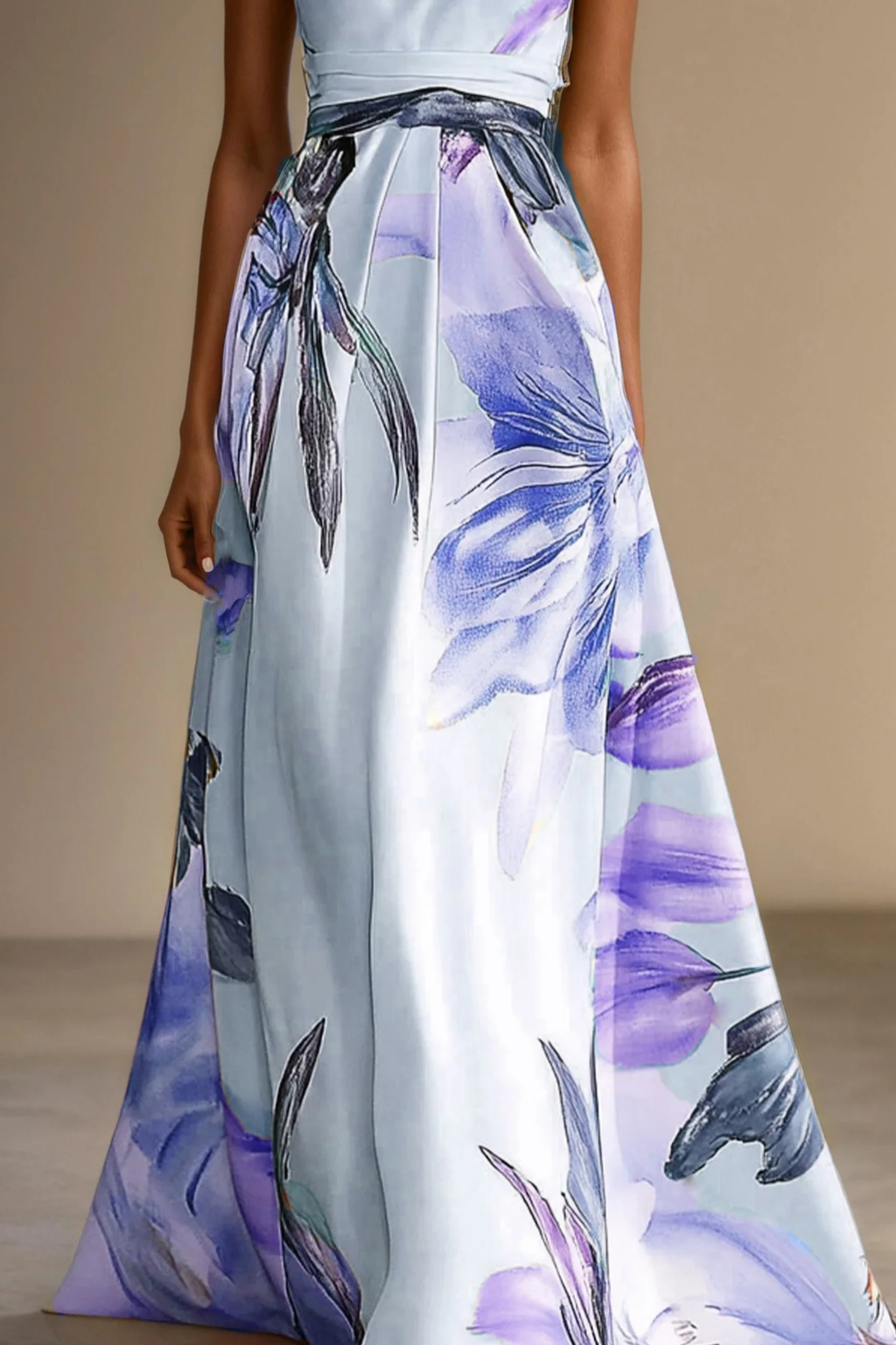 Lilac one shoulder floral satin maxi dress – flowing A-line skirt length view