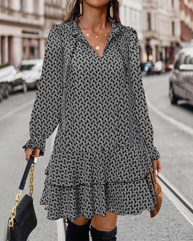 V-Neck Print Dress with Drawstring Waist | Alba Muse