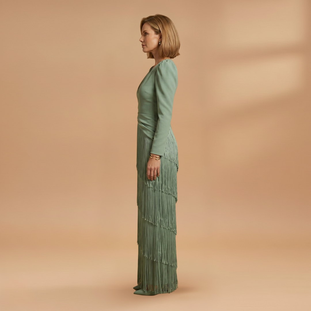 Women's formal banquet dress with high waist and tassel hem