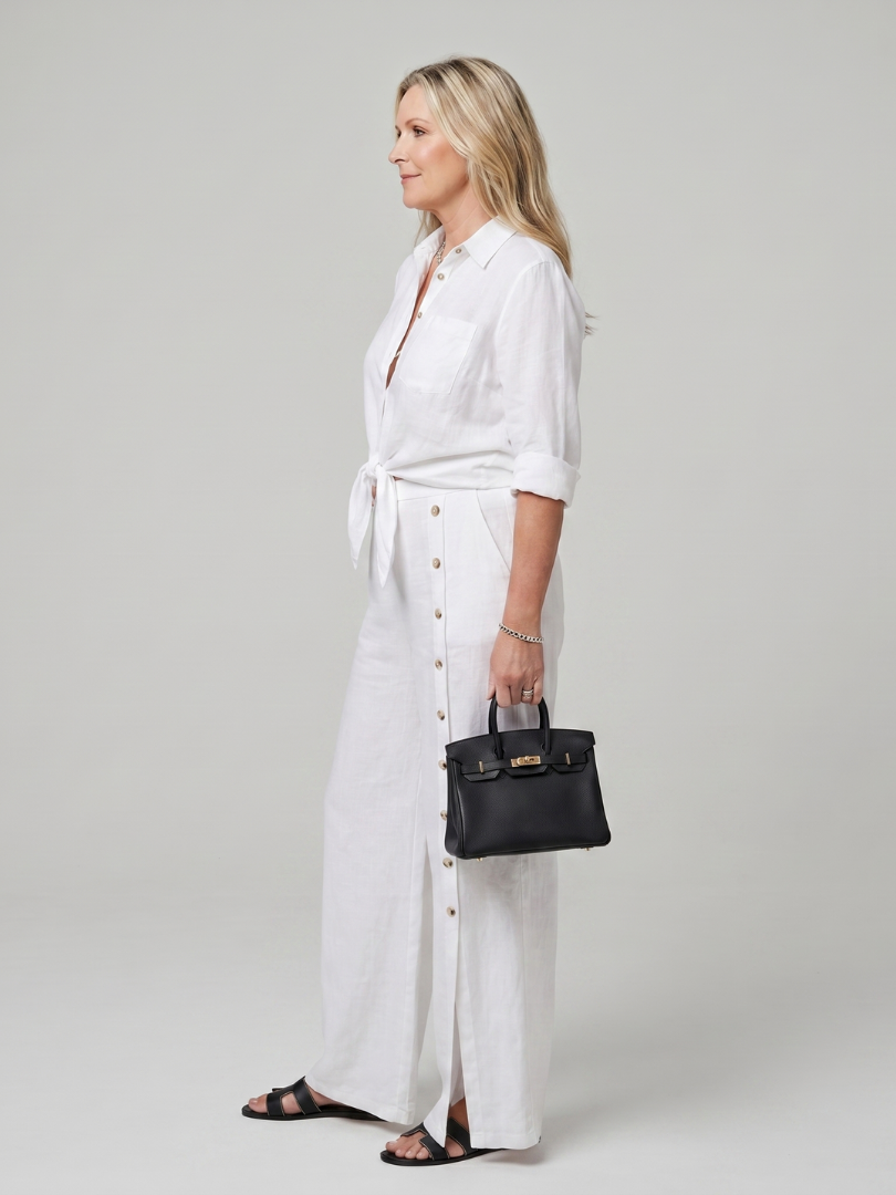 Collared tie front top with wide leg trousers, front view