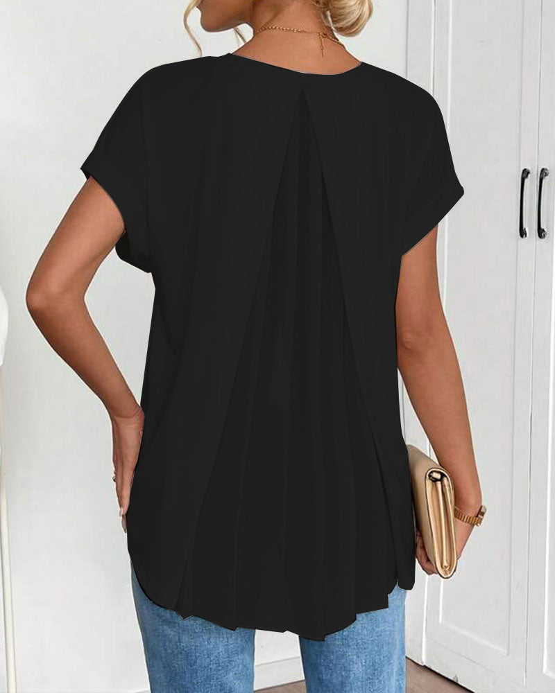 V-Neck Solid Colour Patchwork Short Sleeve T-Shirt