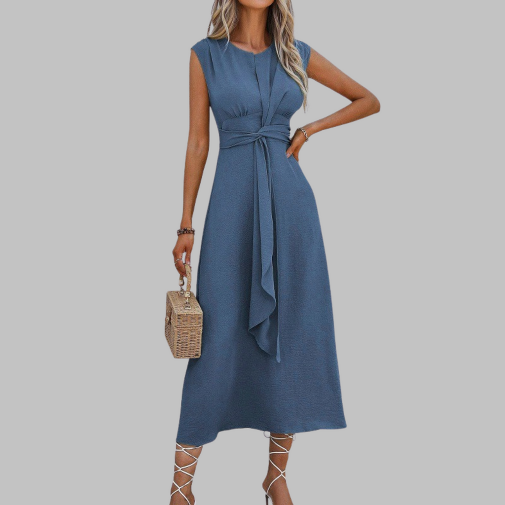 Close-up of waist belt detail on sleeveless A-line occasion midi dress