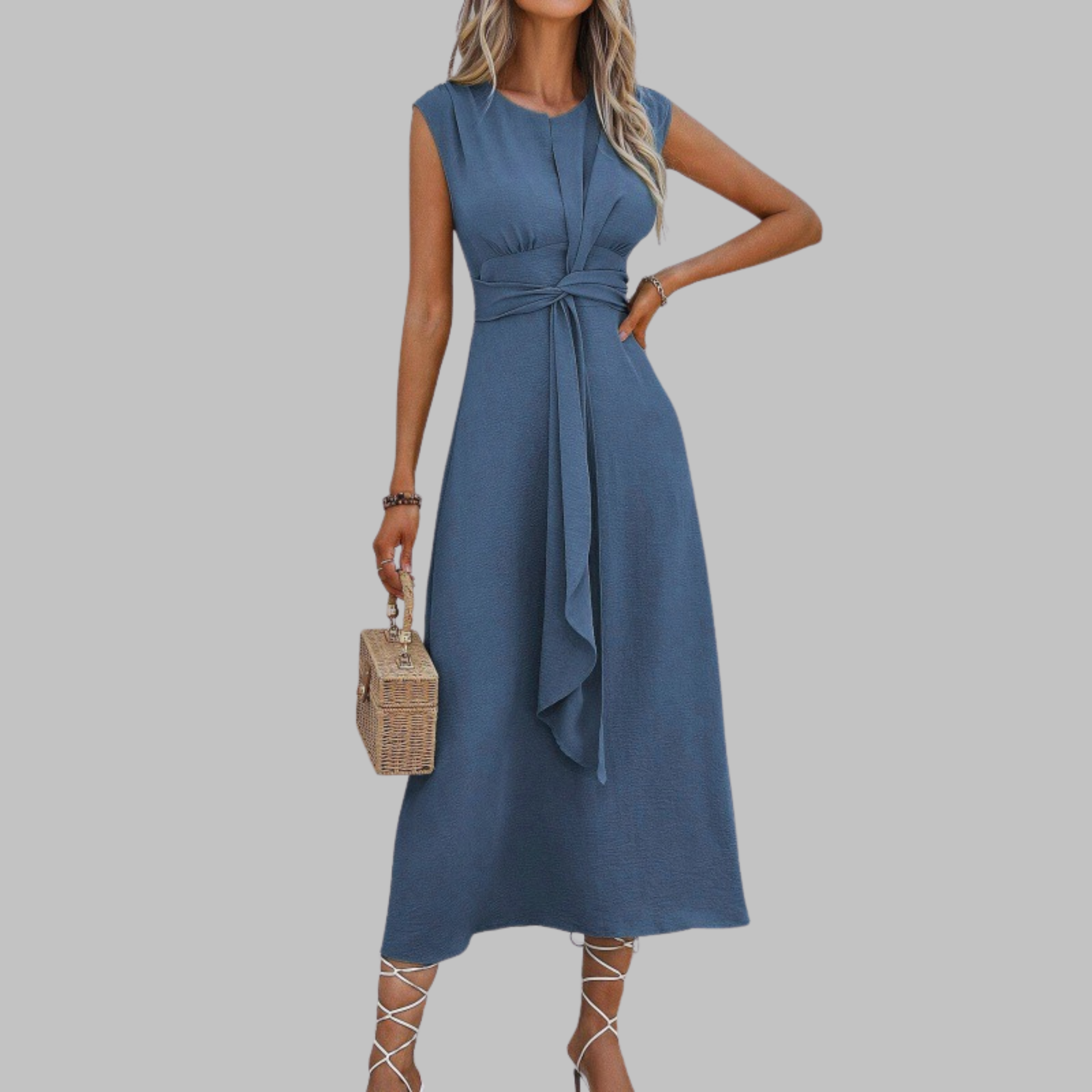 Close-up of waist belt detail on sleeveless A-line occasion midi dress