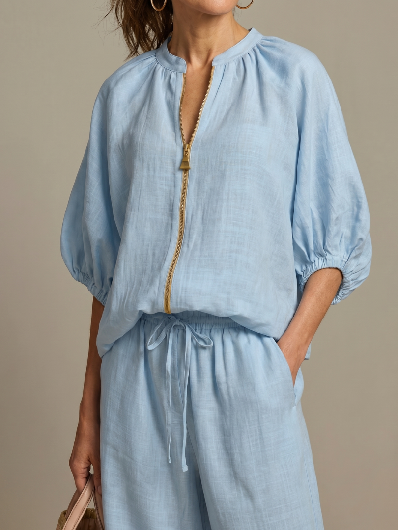 Linen co-ord set blouson sleeves | Alba Muse