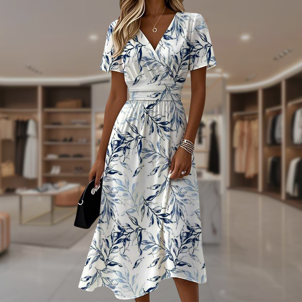 Casual elegant floral wrap dress with breathable fabric, back view