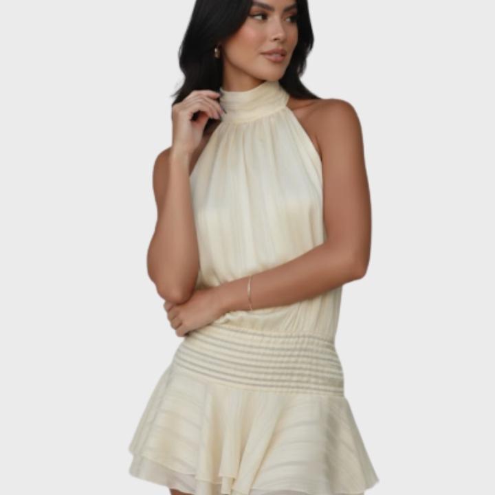 Women's Beige Backless Halter Lace Mini Dress