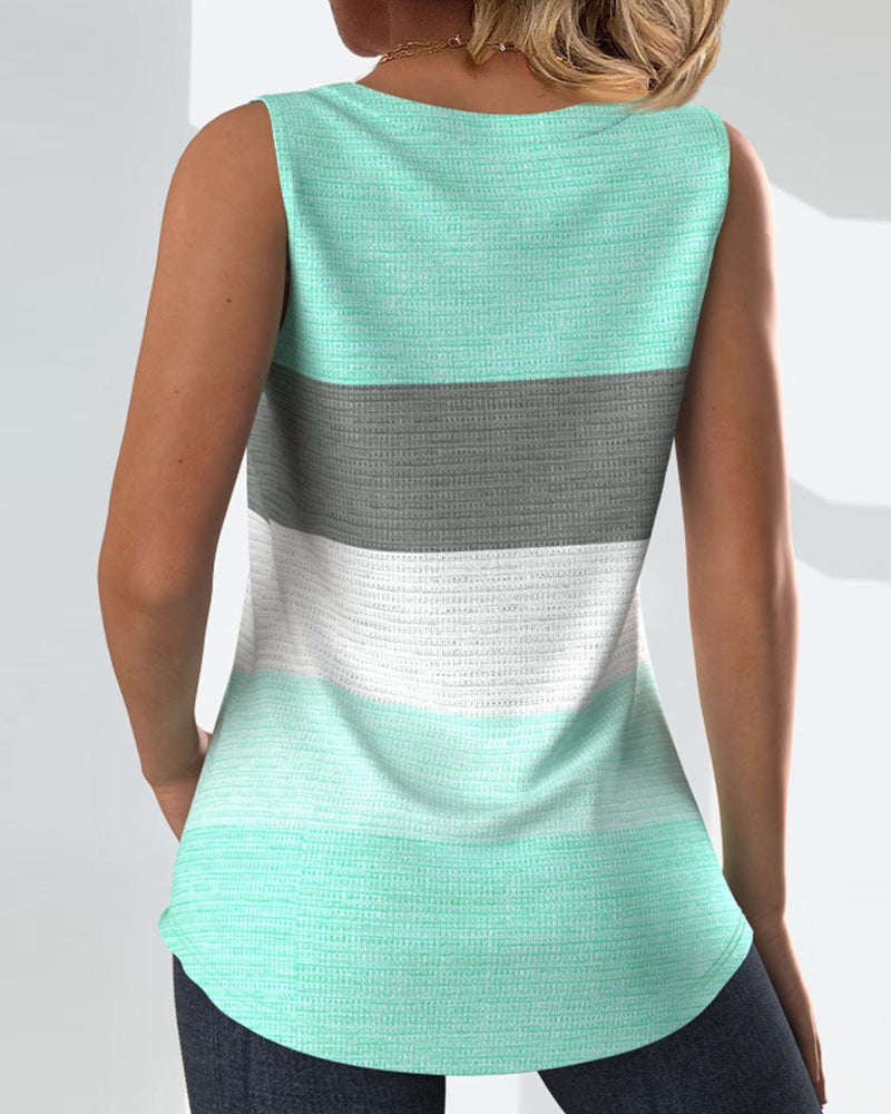 Striped Square Neck Shirred Button Sleeveless Vest Top