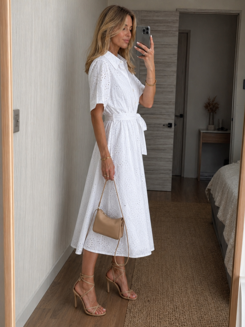 White button front waist tie midi dress