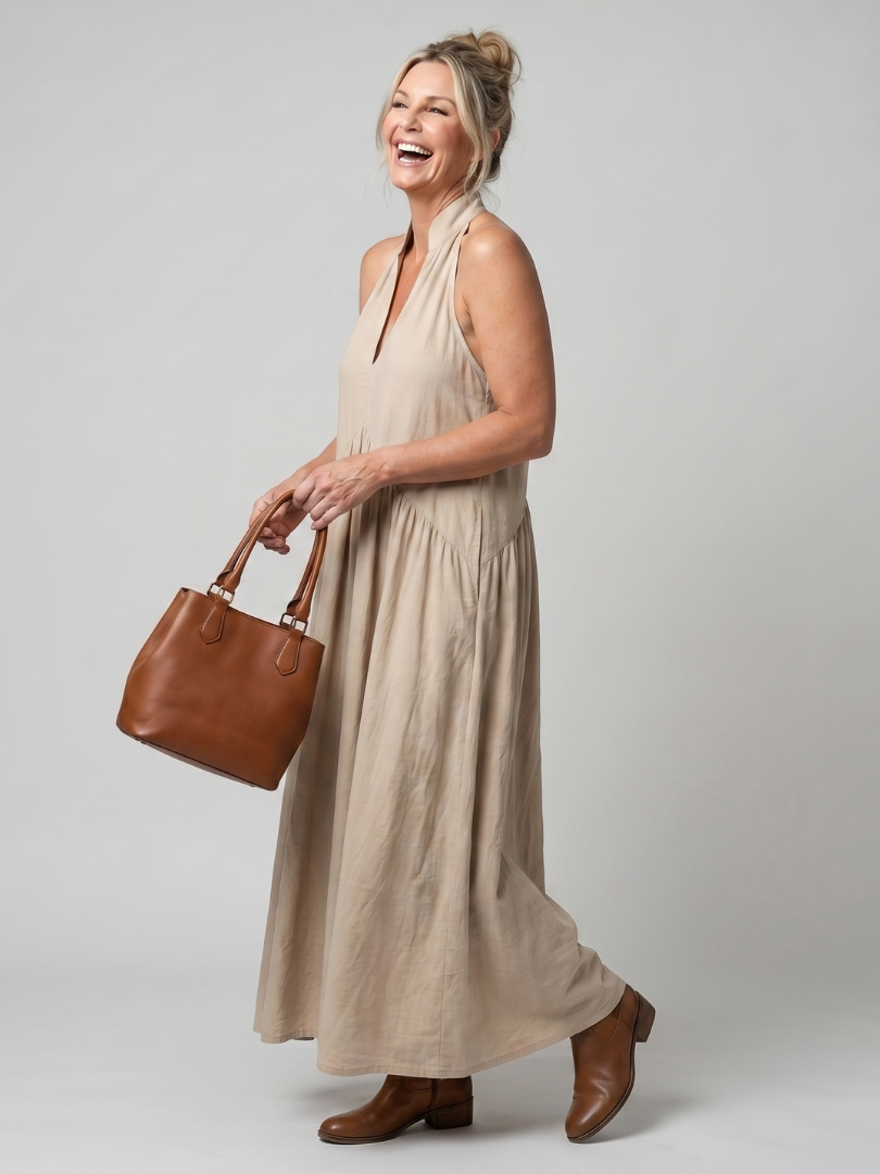 Relaxed Fit Casual Summer Midi Dress in Beige, back view