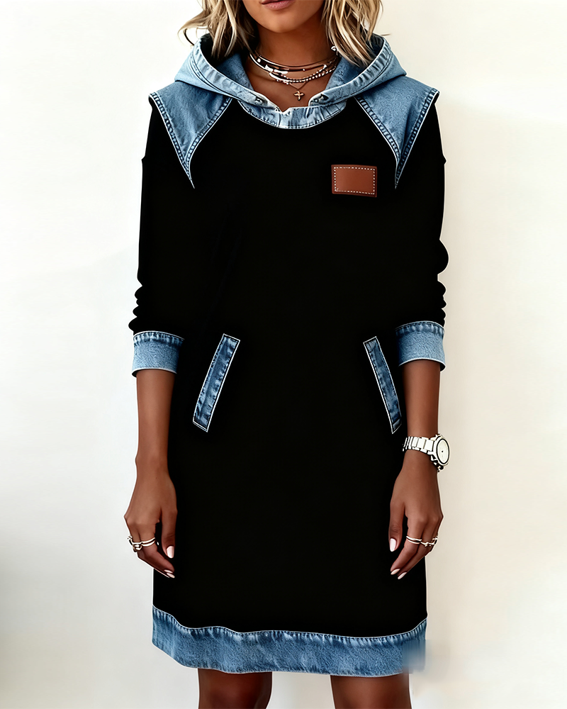 Navy Panelled Long Sleeve Hooded Dress | Alba Muse